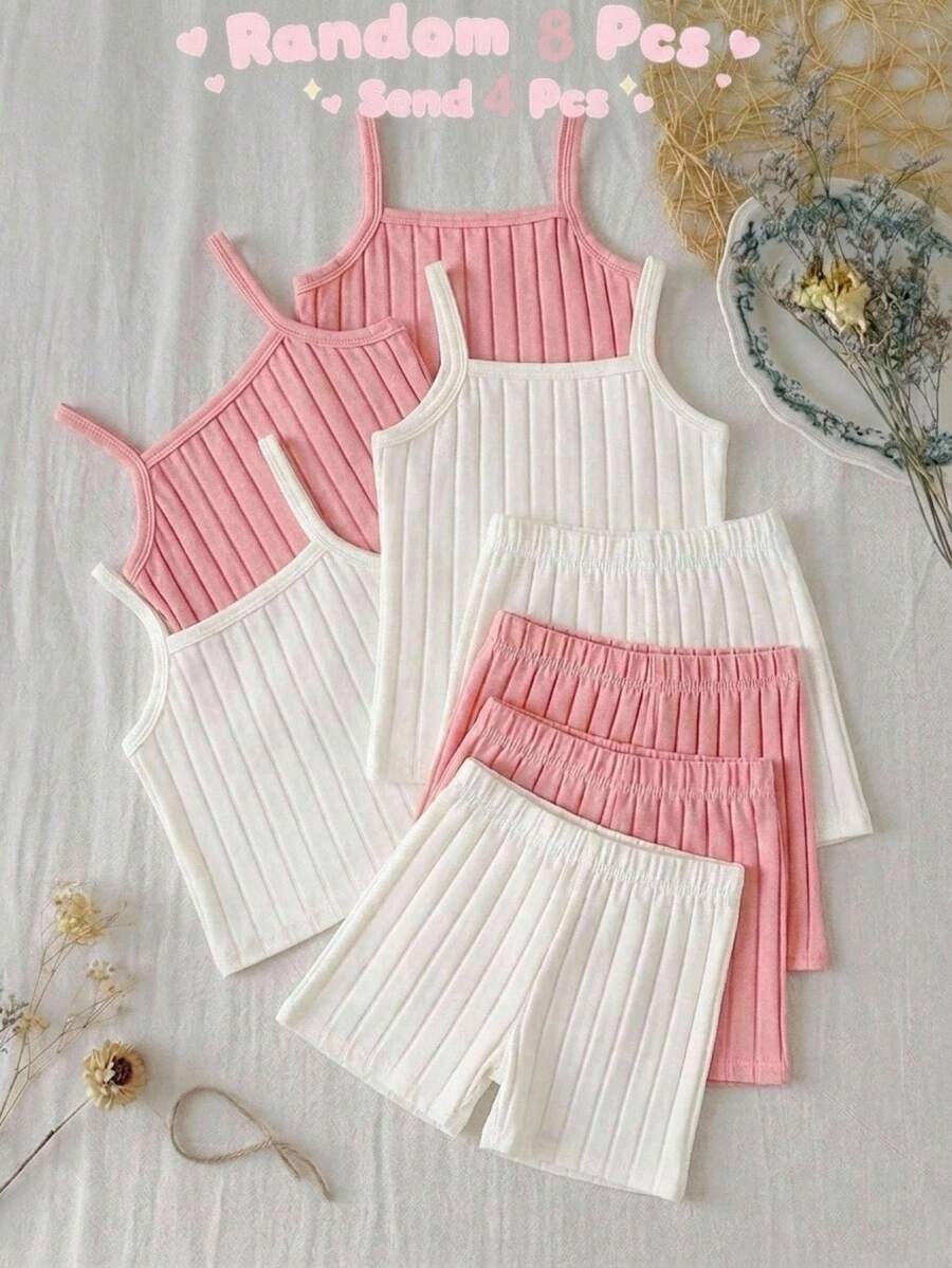 SHEIN 女童小女孩春夏細肩帶背心上衣與短褲套裝 2件組 素色/多色內著套裝 全季適用 - 彩色 - 查看 1