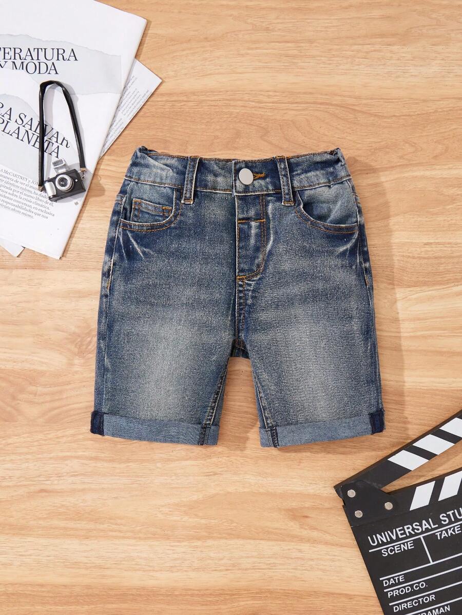 SHEIN Young Boy Casual Daily Denim Shorts With Pockets And Buttons - Medium Wash - View 1