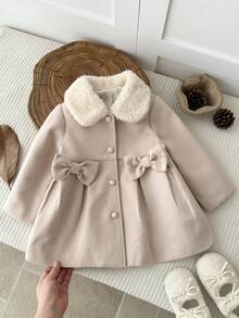 SHEIN Baby Girl Woven Solid Color Plush Turn-Down Collar 3D Bow Casual Woolen Autumn Winter - Apricot - View 3