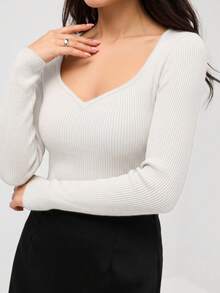 SHEIN Orluneo 女士休闲纯色罗纹针织修身长袖毛衣，秋冬 - 杏色 - 查看 3