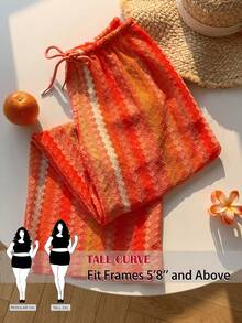 SHEIN Tall CURVE 條紋彈性腰大尺碼女款直筒度假長褲 - 紅色 - 查看 1