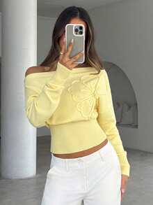 Aloruh Women's Elegant Solid Color 3D Floral Decor Asymmetric Collar Sweater - Yellow - View 7