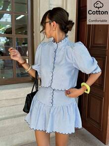 Siren Gaze Women's Colorblock Striped Button-Up Shirt And Ruffle Hem Mini Skirt 2 Pieces Set - Blue and White - View 6