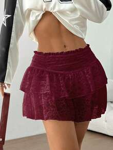 SHEIN Unity Women's Lace Ruffle Hem Ruched Skirt - Burgundy - View 4