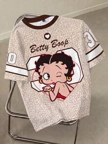 Betty Boop x SHEIN Plus Size Colorblock Trim Cute Print Short Sleeve T-Shirt Date Night Brunch Beige Summer Casual Alternative - White - View 1