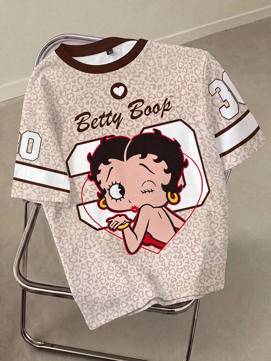 Betty Boop x SHEIN Plus Size Colorblock Trim Cute Print Short Sleeve T-Shirt Date Night Brunch Beige Summer Casual Alternative - White - View 1