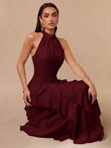 Silquee Women's Summer Elegant Solid Color Backless Halter Neck Ruffle Dress - Burgundy - View 5
