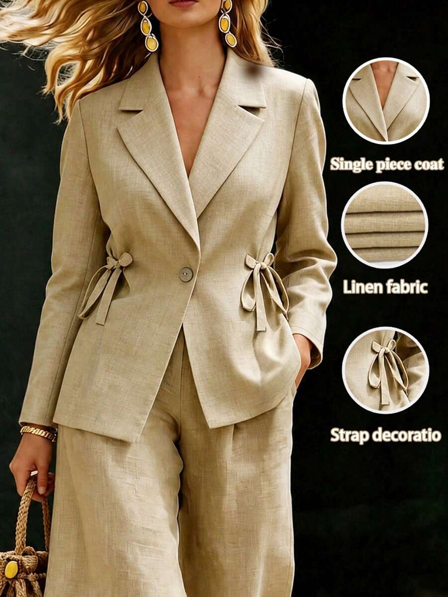 Linhara CURVE Plus-Size Lady's Elegant Chinese-Style Linen Blazer For Autumn, Suitable For Daily Commuting, Rural Style,Parties And Holidays, Etc Autumn/Winter Coat - Khaki - View 1