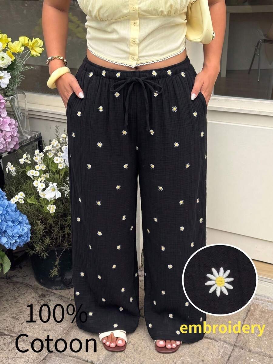 GalTyme 大尺碼女款雛菊刺繡腰綁帶寬鬆長褲 秋季 - 黑色 - 查看 1