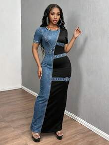 INAWLY Solva New Women's Plus Size Bestselling Denim Effect Fitted Bodycon Casual Dress Fall - Multicolor - View 7