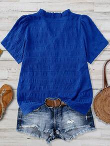 SHEIN CURVE+ Plus Size Women's Solid Textured V-Neck Short Sleeve Casual Regular Shirt, Suitable For Outings And Vacations, Spring/Summer Tops - Blue - View 2
