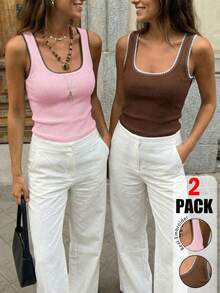 SHEIN EZwear 2件裝復古撞色方領細肩帶背心，極簡百搭無袖修身T恤，貝殼刺繡針織面料，適合外出、通勤與校園穿著 - 彩色 - 查看 1