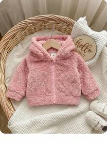 SHEIN 新生女嬰可愛秋冬休閒毛茸茸粉色連帽外套 - 粉色 - 查看 3