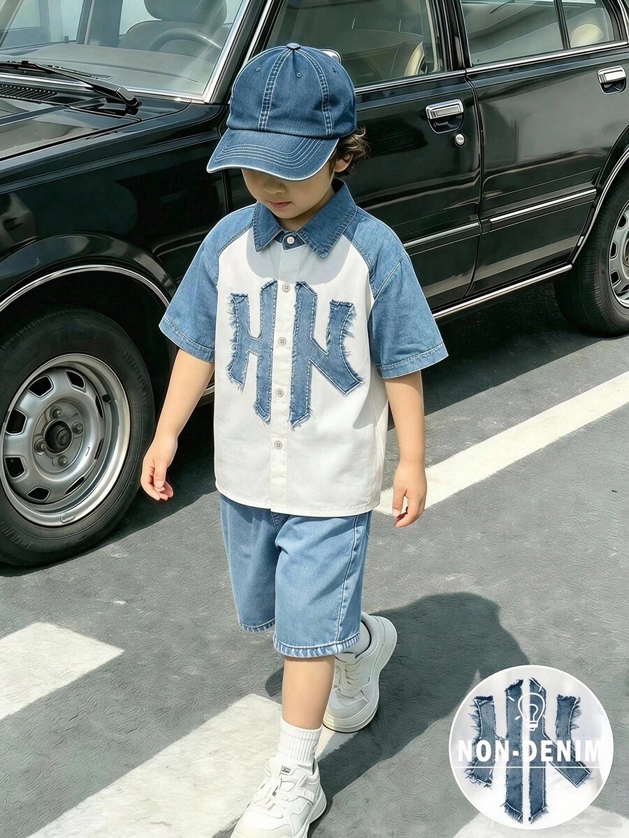 兒童小男孩休閒舒適短袖上衣與短褲2件套返校穿搭 - 彩色 - 查看 1