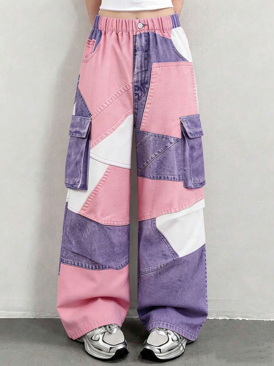 SHEIN Sparklyn 青少年女孩彈性腰拼色休閒日常長褲 - 彩色 - 查看 1