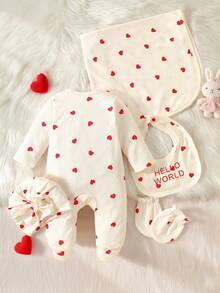 SHEIN 5pcs Newborn Baby Girl Romper Set Cute Sweet Cream Red Heart Ruffle Bow Ribbed Long Sleeve Round Neck Baby Shower Fall First Birthday Cozy Gift - Apricot - View 5