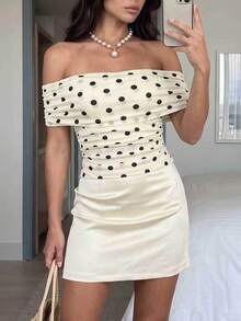 Privoire Women's Summer New Beach Outfit Fashion Versatile Daily Wear Holiday Outfit Music Festival Versatile Slim Fit High-End Polka Dot Print Mesh Off-Shoulder Patchwork Cream Yellow Satin Short Dress - Yellow - View 3