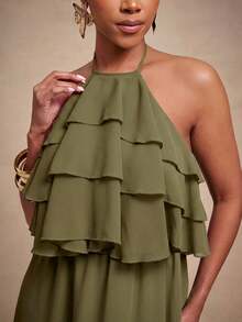 Vixey Solid Chiffon Fully Lined Tiered Ruffle Flowy Halter Neck Maxi Dress, Summer/Spring, Vacay Casual Dress - Olive Green - View 4
