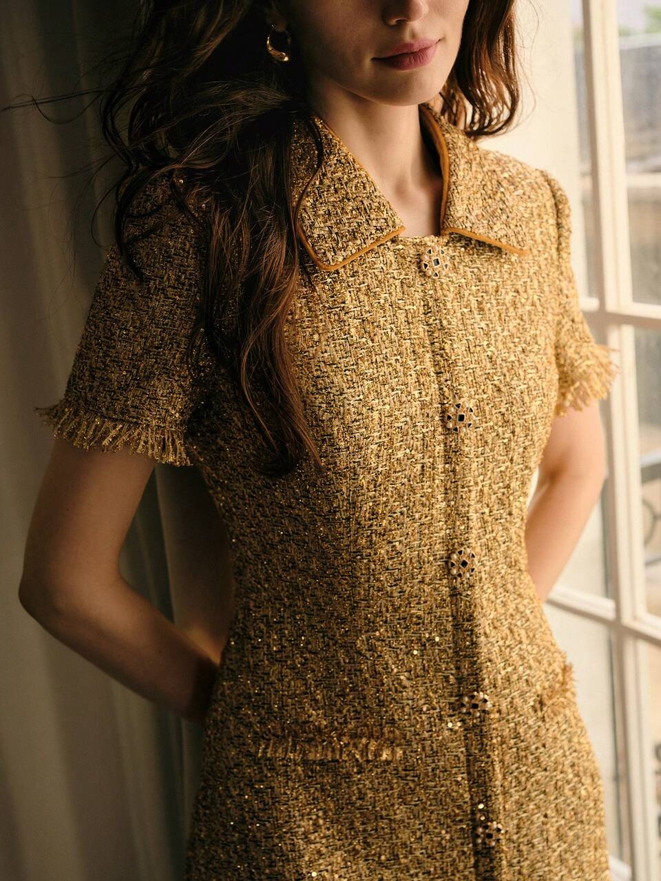 MOTF WOMEN'S GOLD TEXTURED WAIST-CINCHING ELEGANT SHORT DRESS FOR COMMUTING