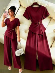 Selianne Women's V-Neck Waist-Cinching Asymmetrical Hem Metal Buckle Short Sleeve Top Straight Leg Pants 2 Pieces Set Summer Elegant Dinner Office Burgundy - Red - View 8