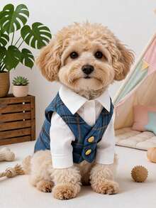 PETSIN 1pc Plaid Woolen Pet 2 In 1 Suit Vest, British College Style Dog Formal Dress, Wedding Companion Pet, Birthday Party, Daily Cat And Dog - Multicolor - View 14