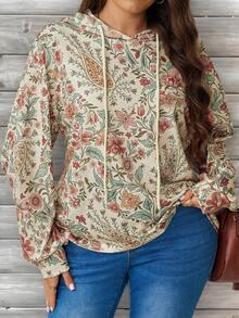 EMERY ROSE Plus Size Floral Print Sweatshirt Vacation Trail Ride Beige Summer Business Casual Fall - Multicolor - View 2