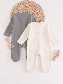 SHEIN 新生兒恐龍印花拉鍊長袖連身衣 - 米色 - 查看 2
