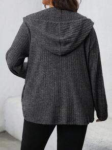 SHEIN LUNE Plus Size Women Solid Color Zip Front Hooded Casual Coat, Autumn New Years Rave Thanksgiving - Dark Grey - View 2