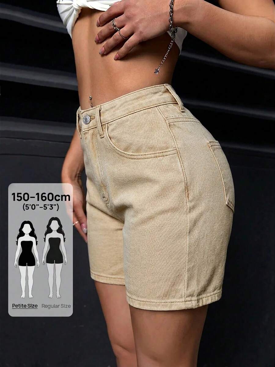 SHEIN PETITE 女款休閒街頭風水洗牛仔短褲 旅行卡其色 夏季 - 卡其色 - 查看 1