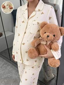 Slowluna 孕婦全印花長袖上衣與長褲休閒日常兩件套 - 杏色 - 查看 1