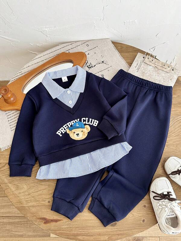 SHEIN Playful Pals Boys Casual Preppy Style Shirt Collar 2 In 1 Front Print Elastic Waist Long Sleeve Pants Set Spring Autumn
