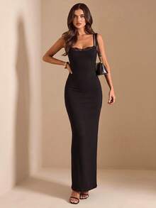 SHEIN BAE Spring/Summer Black Double Strap 2 In 1 Lace Trim Ribbed Fitted Bodycon Maxi Dress, Sexy Hot Girl Style For Dating And Daily Wear - Black - View 4