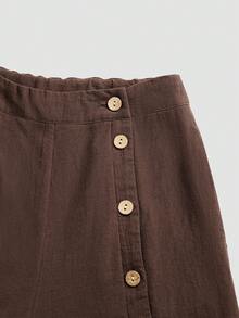 Zayélia Women's Side Button Pocket Wide Leg Loose Casual Long Pants - Chocolate Brown - View 3