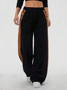 SHEIN LUNE European American Style Elastic Waist Color Block Straight Wide Leg Women's Long Pants Slimming Commute Casual Autumn Winter Active Black Polkadot - Multicolor - View 4