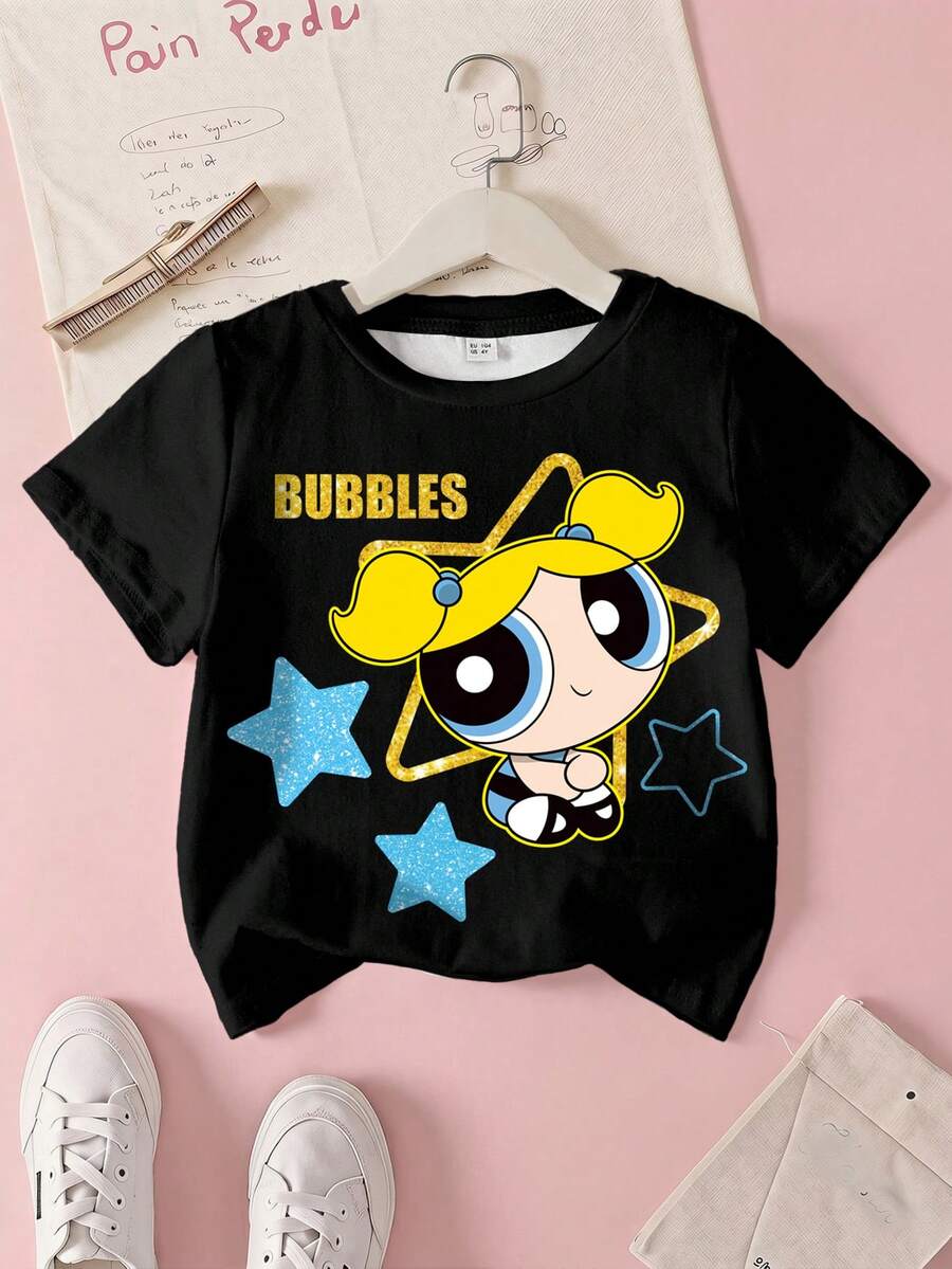 THE POWERPUFF GIRLS X SHEIN 女童圓領短袖休閒T恤 - 白色 - 查看 1
