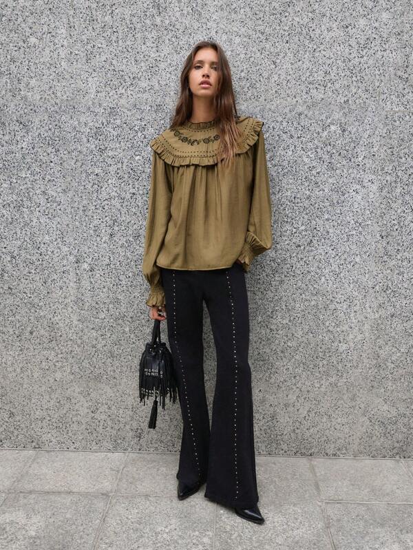 Nöista Olive Long Sleeve Top With Embroidered Ruffle Detail. Fall, Office Wear And Elegant Style.