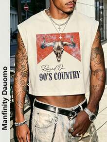 Rovax Men's Sleeveless Cropped Tank Top, Printed With Bull Skull Pattern And 90s Country Music Slogan,Wear Alone In Summer With Distressed Long Pants - Khaki - View 1