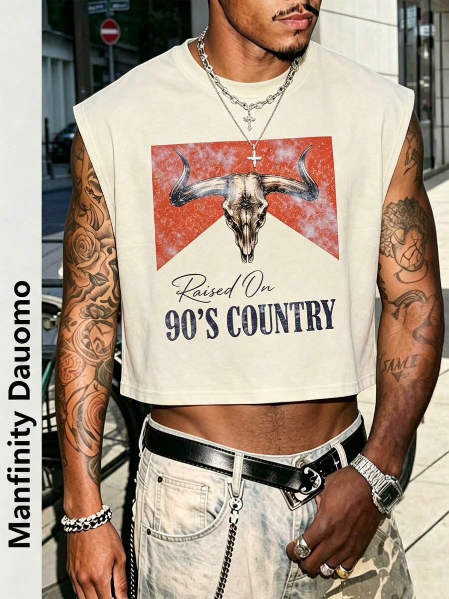 Rovax Men's Sleeveless Cropped Tank Top, Printed With Bull Skull Pattern And 90s Country Music Slogan,Wear Alone In Summer With Distressed Long Pants - Khaki - View 1