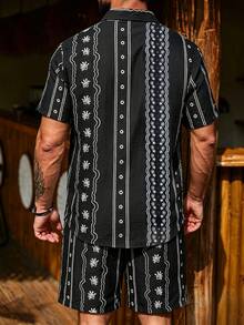 Manfinity Homme Men's Floral Print Single-Breasted Short Sleeve Shirt And Shorts Casual Daily Outfit - Black - View 2