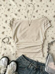 Teen Girls Apricot Casual Minimalist Fitted Asymmetrical Shoulder Ruched Cropped Top, Suitable For Spring/Summer, Personalized Outfit, Daily Wear - White - View 2