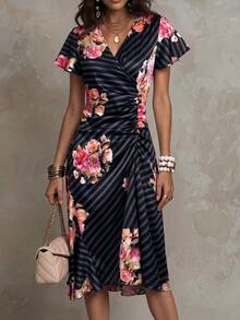 Solivie Women's Floral Print Overlap V-Neck Ruffle Short Sleeve Elegant Midi Dress Brunch Black And Pink Summer - Black - View 3