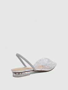 CUCCOO SZL Women's  Pointed Toe Slingback Pumps With Rhinestone Embellishment And Flat Transparent Heels - Silver - View 3