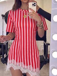 SHEIN EZwear 休閒度假風紅色直條紋滿版印花針織貼身洋裝，適合春夏度假 - 彩色 - 查看 7