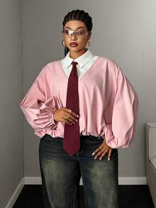 Mawevolt Plus Size Long Sleeve Preppy Sweet Elegant Commute Office Shopping Blouse - Pink - View 2