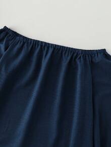 LUMIGAL Gaun Panjang Longgar Wanita Warna Polos dengan Lengan Lentera dan Saku, Model Bahu Terbuka - Navy Blue - View 6