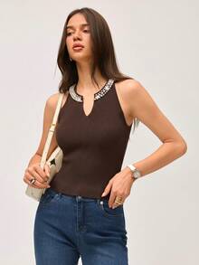 SHEIN Orluneo 新款春夏欧美风修身显瘦独特仿珍珠奢华露背优雅法式淑女高端针织上衣，适合派对/聚会穿着 - 咖啡棕 - 查看 5
