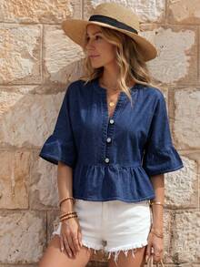 EMERY ROSE Blusa Camisa de Mezclilla Estilo Muñeca con Volantes para Mujer - Azul lavado oscuro - Ver 3