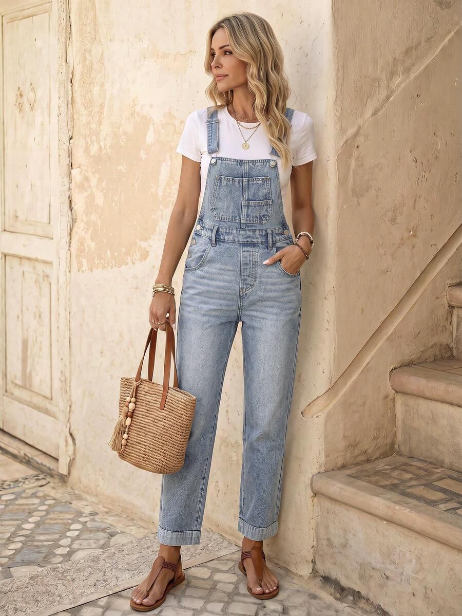EMERY ROSE Women's Denim Overalls, Fashionable Jumpsuit Suitable For Summer - Light Wash - View 1