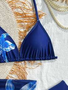 SHEIN 2pcs Tween Girl Bikini Sets Light Color Lily Flower Swimwear Adjustable Straps Conservative Comfortable Anti-Exposure Summer Simple Fashion Cute French Vacation Passionate Hawaiian Style Suitable For Holiday Suitable For New Year Suitable For Spring Break Suitable For Beach Suitable For Seaside - Navy Blue - View 3