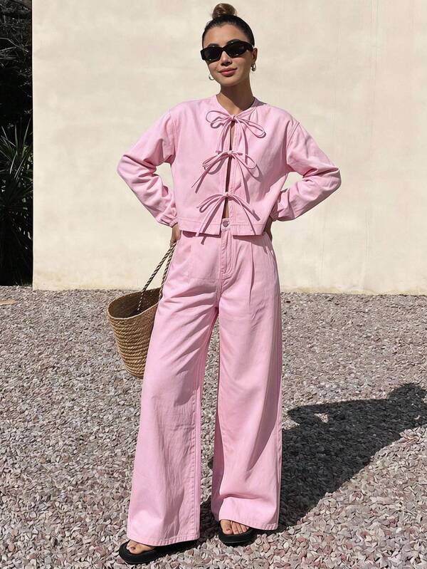 Livesso Women's Front Tie Long Sleeve Shirt And Pants Denim Two Pieces Set Brunch Everyday Soft Pink Autumn Cute